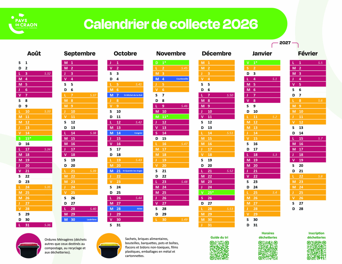 Calendrier 2026 de collecte des déchets