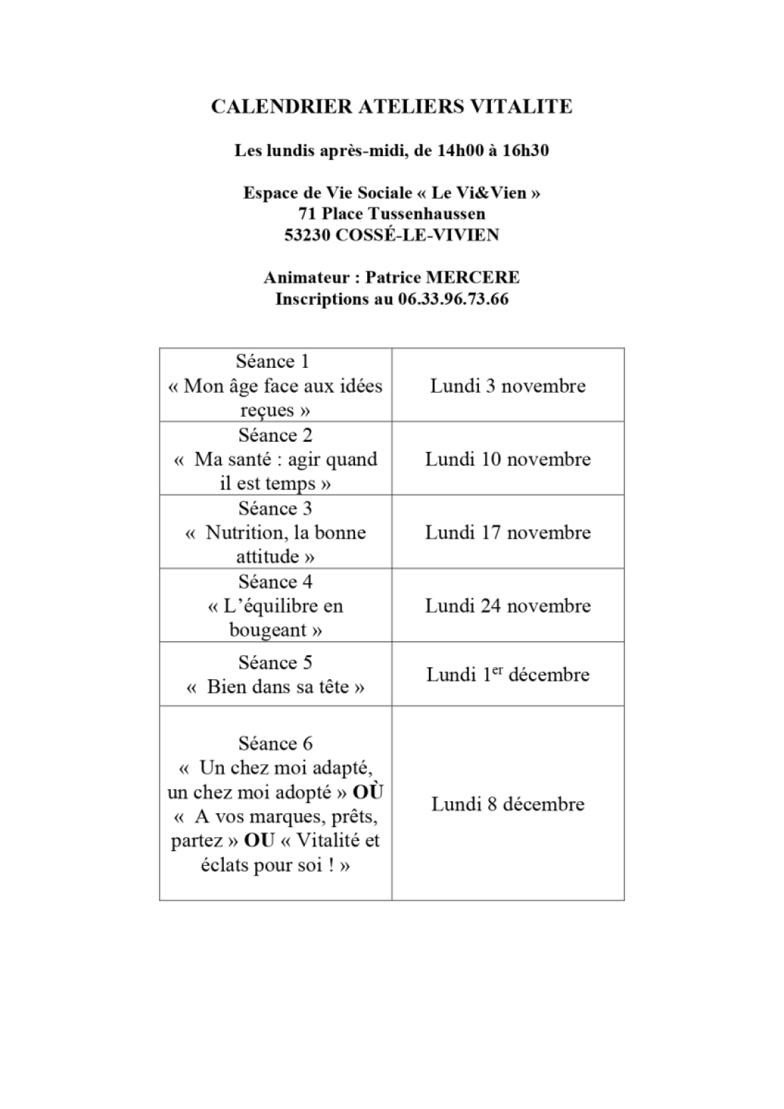 calendrier ateliers bonne santé